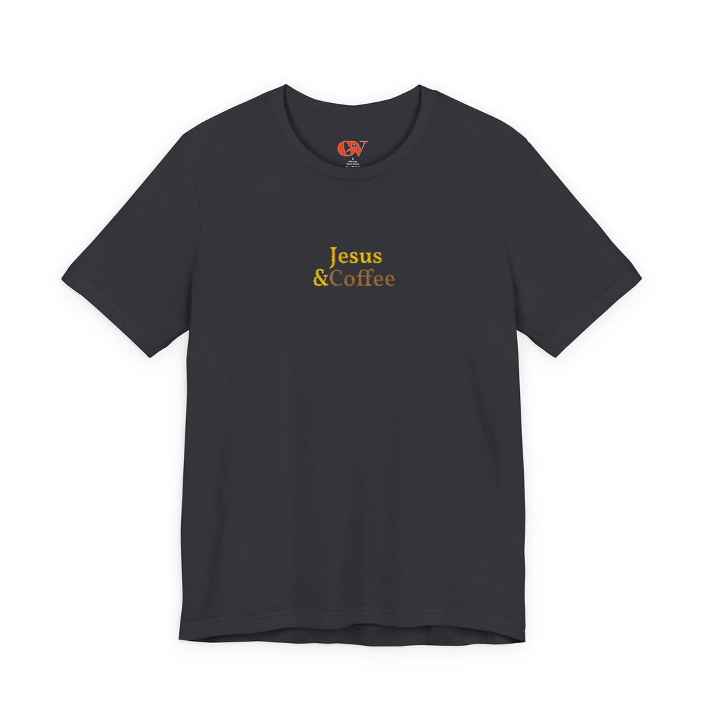 'Jesus & Coffee' — embroidered minimal graphic t-shirt