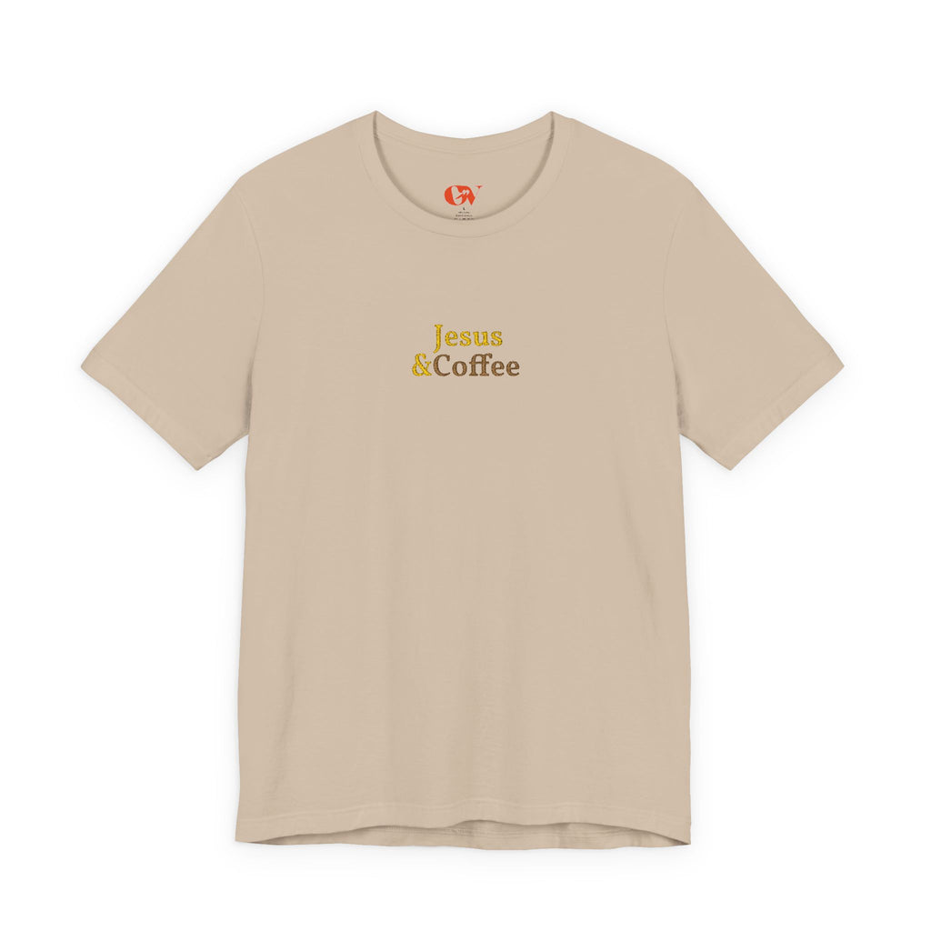 'Jesus & Coffee' — embroidered minimal graphic t-shirt