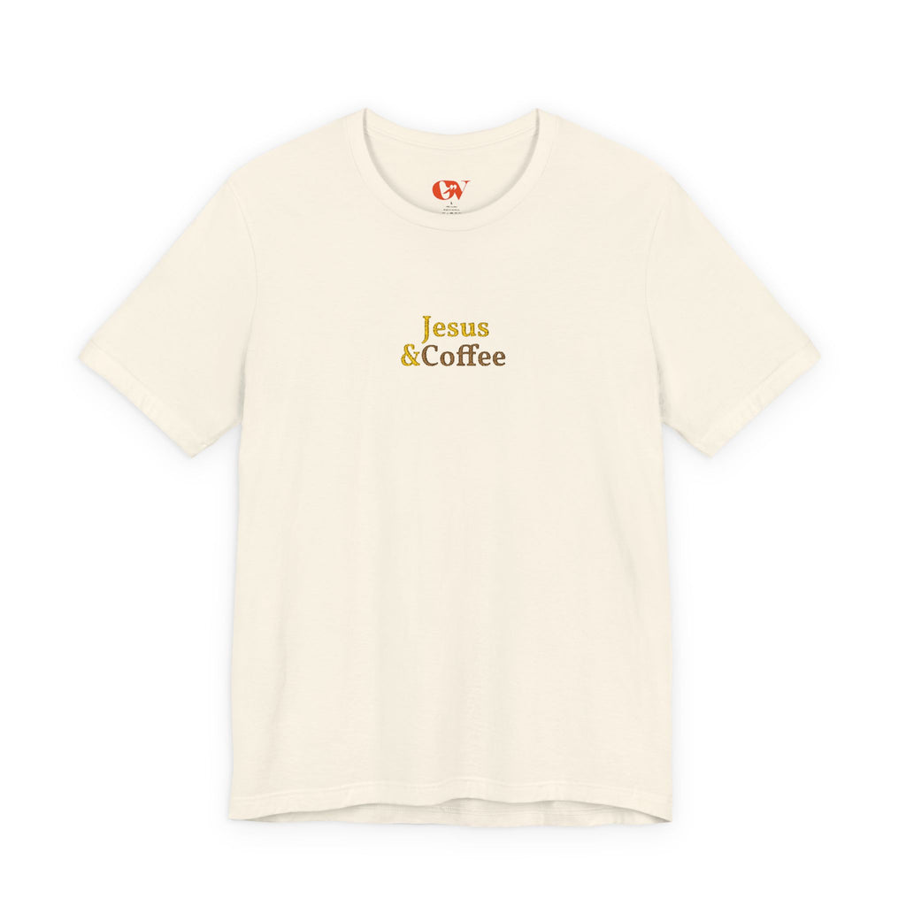 'Jesus & Coffee' — embroidered minimal graphic t-shirt