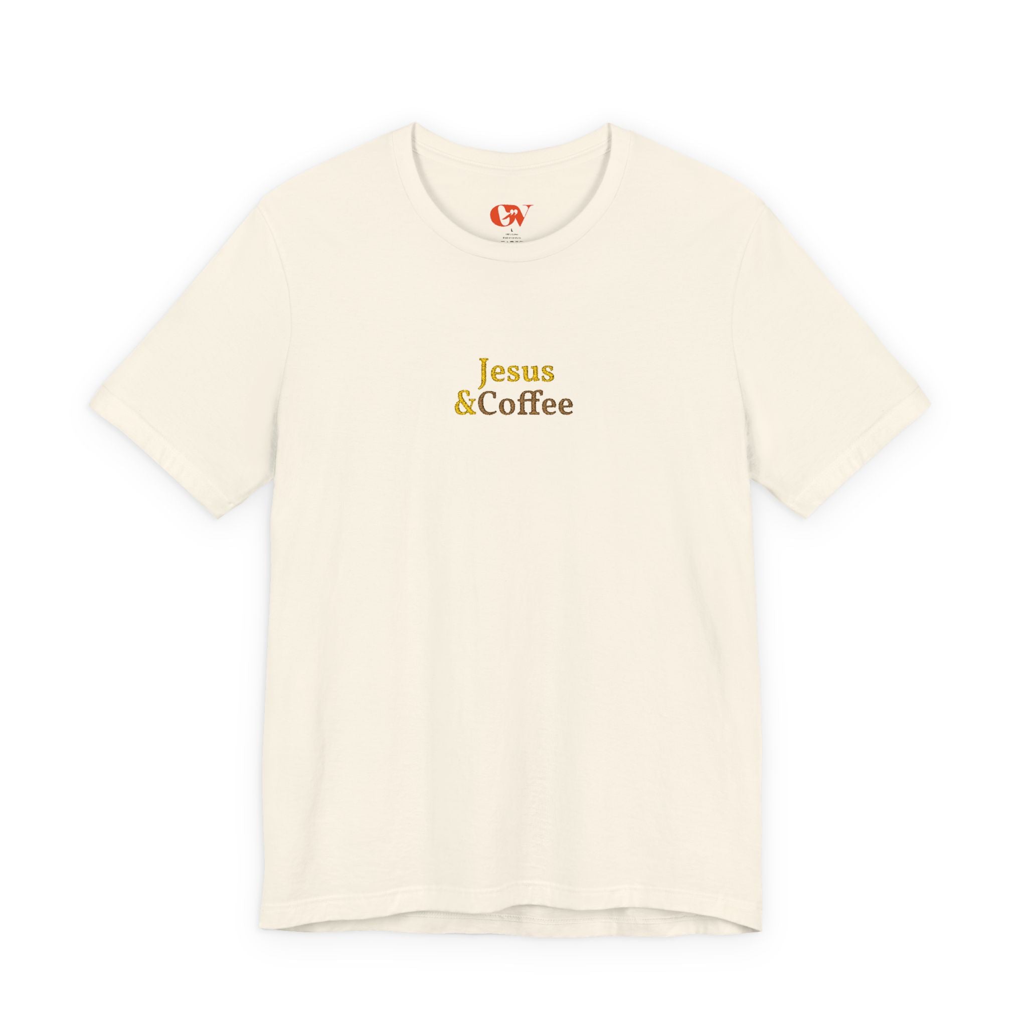 'Jesus & Coffee' — embroidered minimal graphic t-shirt