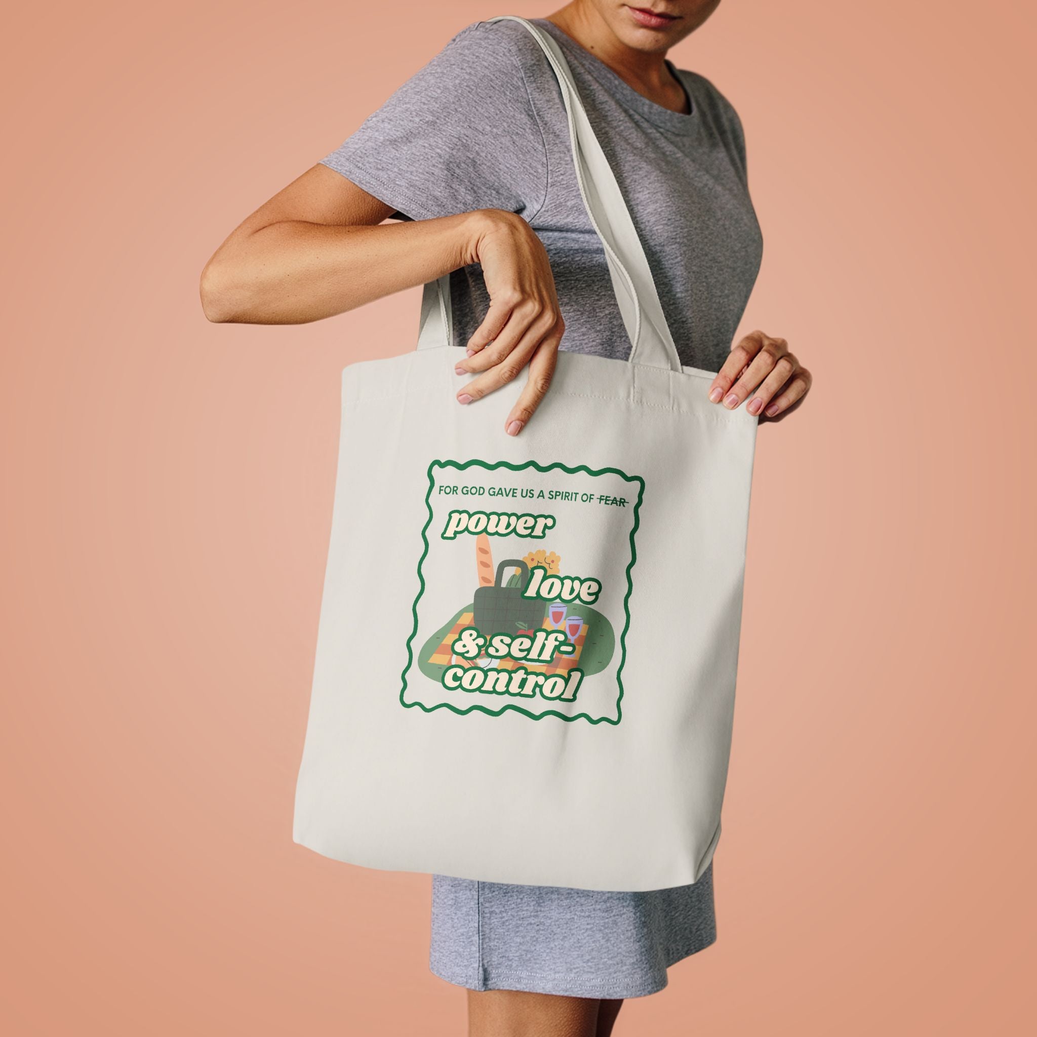 'Power, Love & Self-Control' — cotton eco tote bag, retro floral