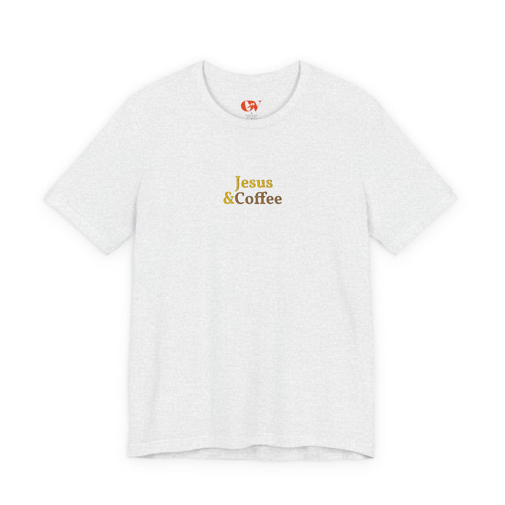 'Jesus & Coffee' — embroidered minimal graphic t-shirt