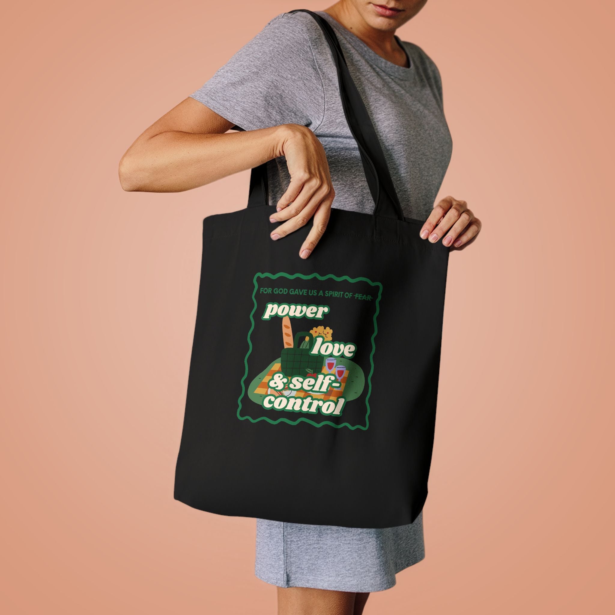 'Power, Love & Self-Control' — cotton eco tote bag, retro floral