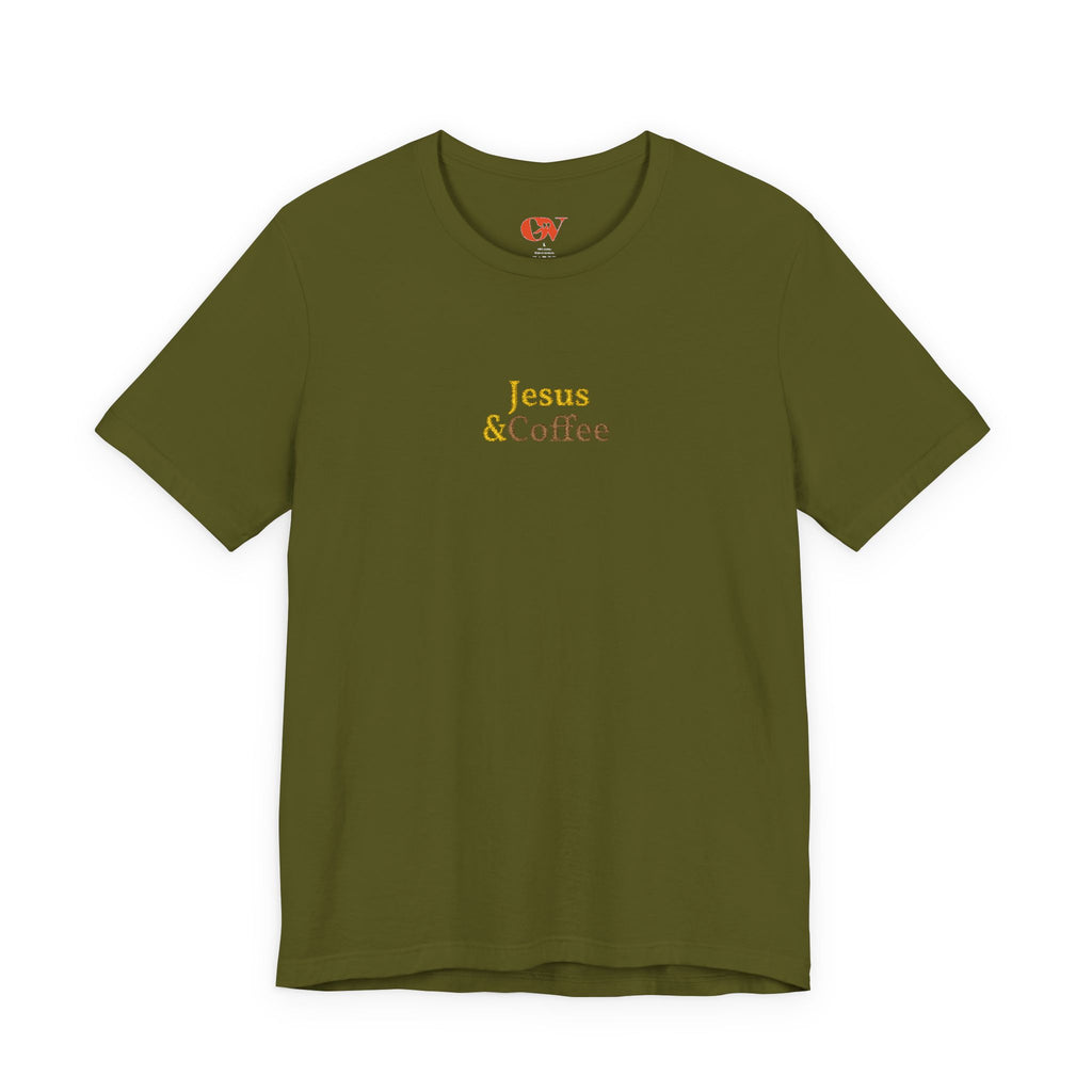 'Jesus & Coffee' — embroidered minimal graphic t-shirt