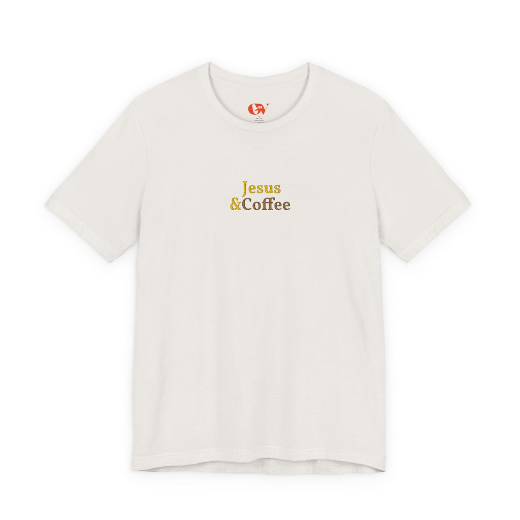 'Jesus & Coffee' — embroidered minimal graphic t-shirt