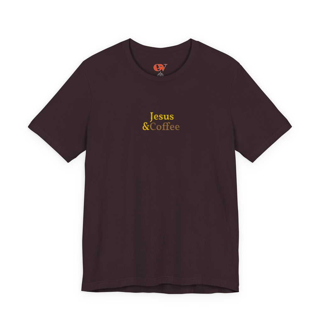 'Jesus & Coffee' — embroidered minimal graphic t-shirt