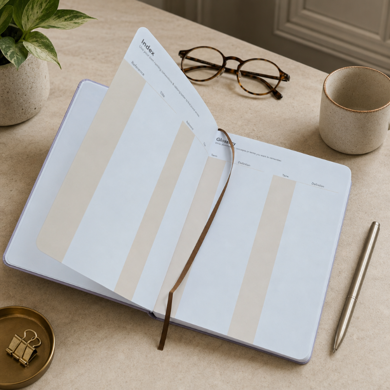 V1 Standard Journal — hardbound, blank, front internal pocket, bookmark ribbon