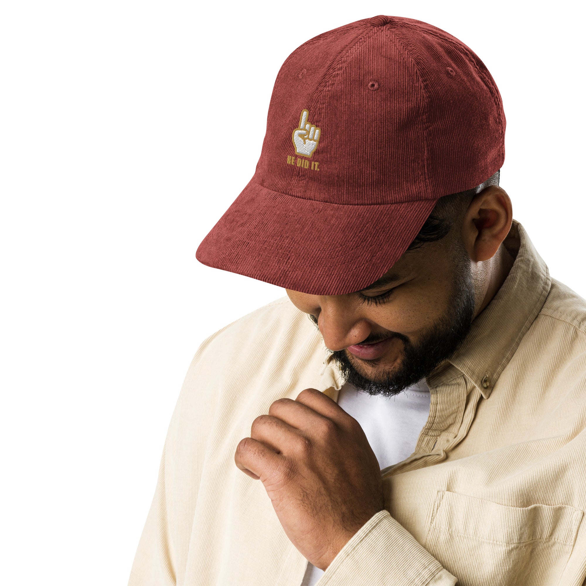 'He did it' — unisex embroidered corduroy hat